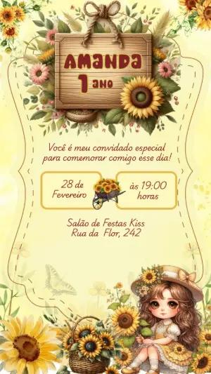 Convite Aniversário Girassol Delicado para Editar Online