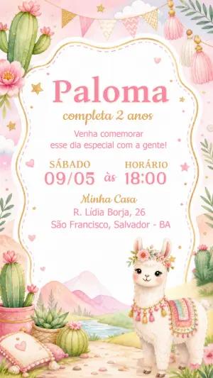 Convite de Aniversário Lhama Fofa Aquarela para Editar