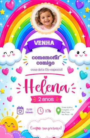 Convite de Aniversário Arco-Íris com Foto para Editar
