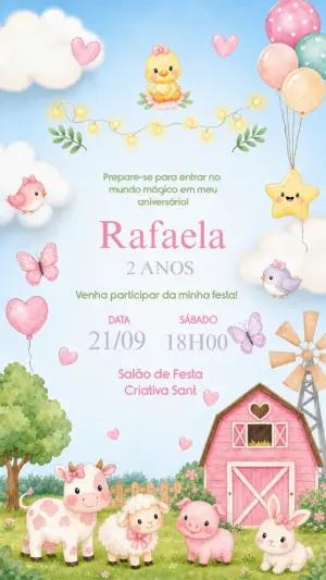 Convite de Aniversário Fazendinha Rosa Editável