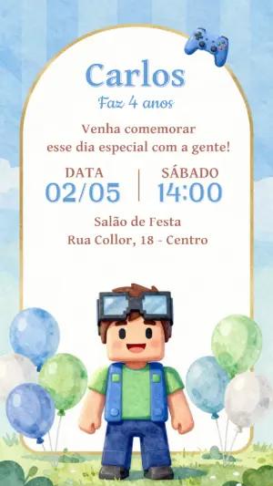 Convite de Aniversário Gamer Estilo Bloco para Editar