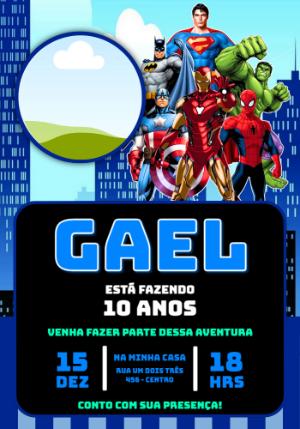 Convite de Aniversário Super-Heróis com Foto para Editar