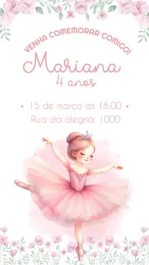 Convite Aniversário Bailarina Aquarela para Editar Online