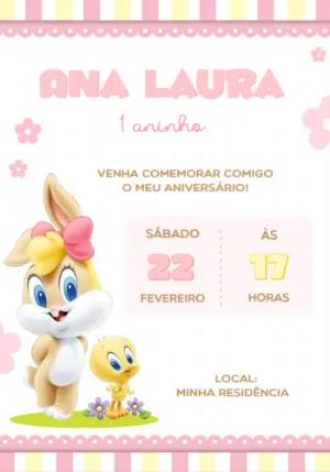 Convite Aniversário Baby Looney Tunes Rosa para Editar Online