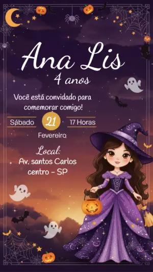 Convite de Aniversário Halloween Bruxinha Fofa Roxo para Editar
