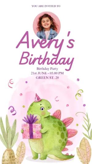 Cute Dinosaur Girl's Birthday Invitation Editable Template