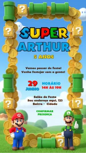Convite de Aniversário Super Mario Bros Editável