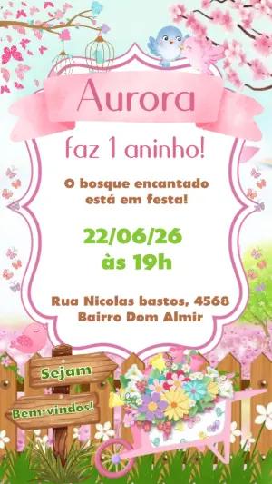 Convite de Aniversário Jardim Encantado com Pássaros Editável