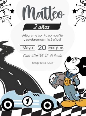 Invitación de Cumpleaños Mickey Carrera para Editar y Enviar
