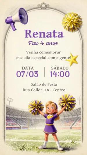 Convite de Aniversário Cheerleader Roxo e Amarelo para Editar