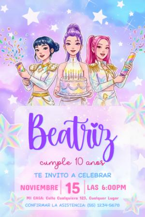 Invitación de Cumpleaños Las Guerreras K-Pop para Editar