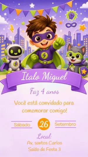 Convite Digital Aniversário Super-herói Menino Editável
