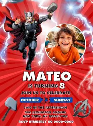 Editable Thor Superhero Birthday Invitation with Photo