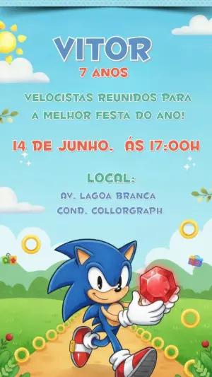 Convite Digital Aniversário Infantil Tema Sonic para Editar