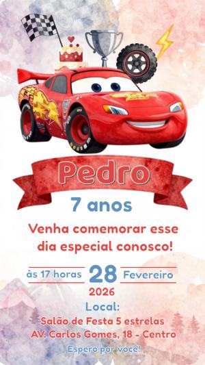 Convite Digital Aniversário Infantil tema Carros para Editar