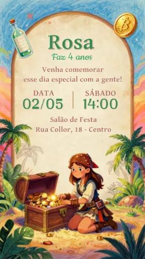 Convite de Aniversário Pirata Menina Ilustrado para Editar