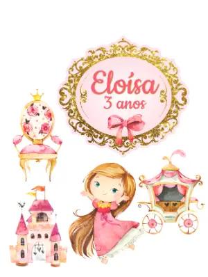 Topo de Bolo Princesa Rosa e Dourado Editável para Imprimir
