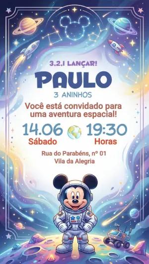 Convite de Aniversário Mickey Astronauta no Espaço Editável