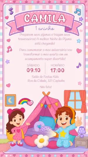 Convite Festa do Pijama Rosa Editável para Aniversário