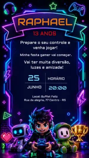 Convite de Aniversário Gamer Neon Editável