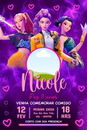 Convite Aniversário K-pop Guerreiras Roxo com Foto para Editar