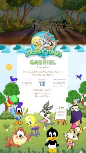 Convite Animado Aniversário Baby Looney Tunes para Editar