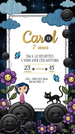 Convite de Aniversário Coraline com Botões Modelo Digital Editável