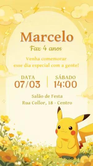 Convite de Aniversário Pikachu Fofo Amarelo para Editar