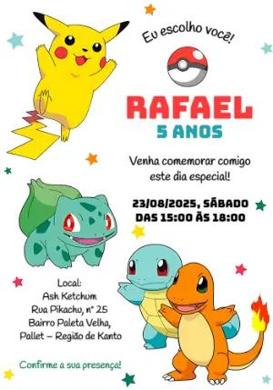 Convite de Aniversário Pokémon com Personagens para Editar