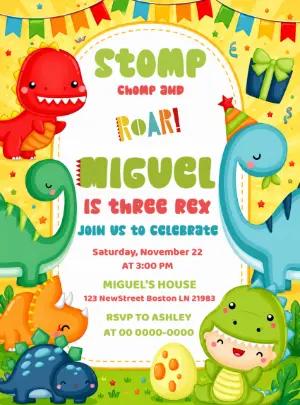 Cute Dinosaur Birthday Invitation Editable Template