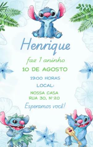 Convite de Aniversário Stitch Aquarela para Editar