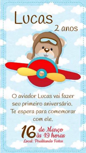 Convite de Aniversário Ursinho Aviador nas Nuvens para Editar