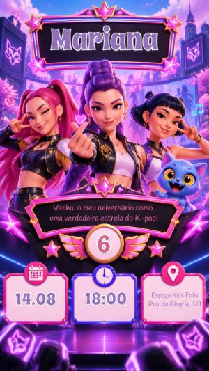 Convite de Aniversário Guerreiras do Kpop Neon Editável