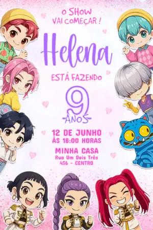 Convite de Aniversário Guerreiras do K-pop Chibi Rosa para Editar