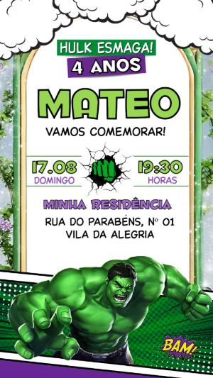 Convite de Aniversário do Hulk Editável para Festa Infantil