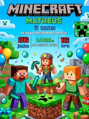 Convite de Aniversário Minecraft Pixelado para Editar