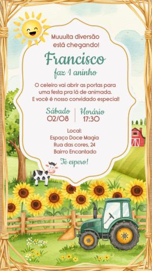 Convite de Aniversário Fazendinha com Trator para Editar Online