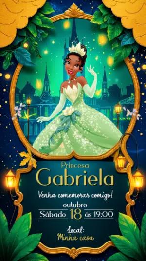 Convite de Aniversário Princesa Tiana Editável para Festa Mágica