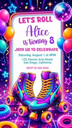 Editable Neon Roller Skate Birthday Invitation Template