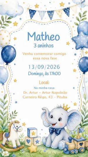 Convite de Aniversário Elefantinho Azul Modelo Editável