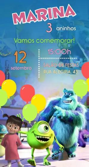 Convite de Aniversário Monstros S.A. Infantil para Editar