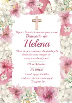 Convite de Batizado Menina Floral Rosa para Editar Online