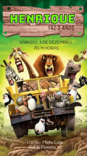 Convite de Aniversário Infantil Madagascar para Editar Online