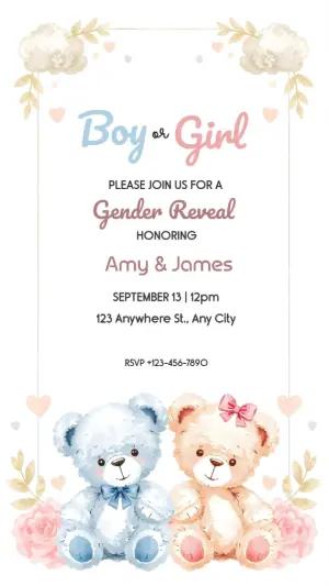 Cute Teddy Bear Gender Reveal Invitation Editable Template