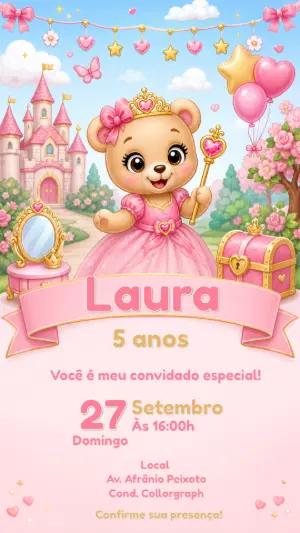 Convite Aniversário Ursinha Princesa Editável