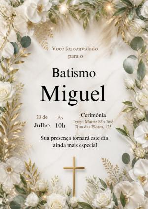 Convite de Batismo Elegante com Flores Brancas e Dourado para Editar