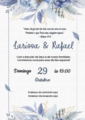 Convite de Casamento Clássico Aquarela Azul para Editar