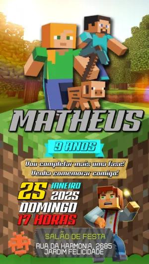 Convite de Aniversário Minecraft com Personagens para Editar Online