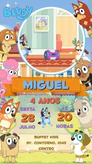 Convite Animado Aniversário Bluey e Bingo para Editar Online
