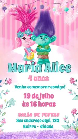 Convite de Aniversário Trolls com Poppy e Branch para Editar